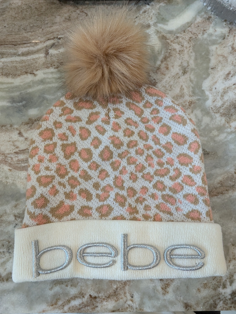 bebe Ladies Leopard Knit Hat & Scarf Set in Beige/Pink - Picture 8 of 16